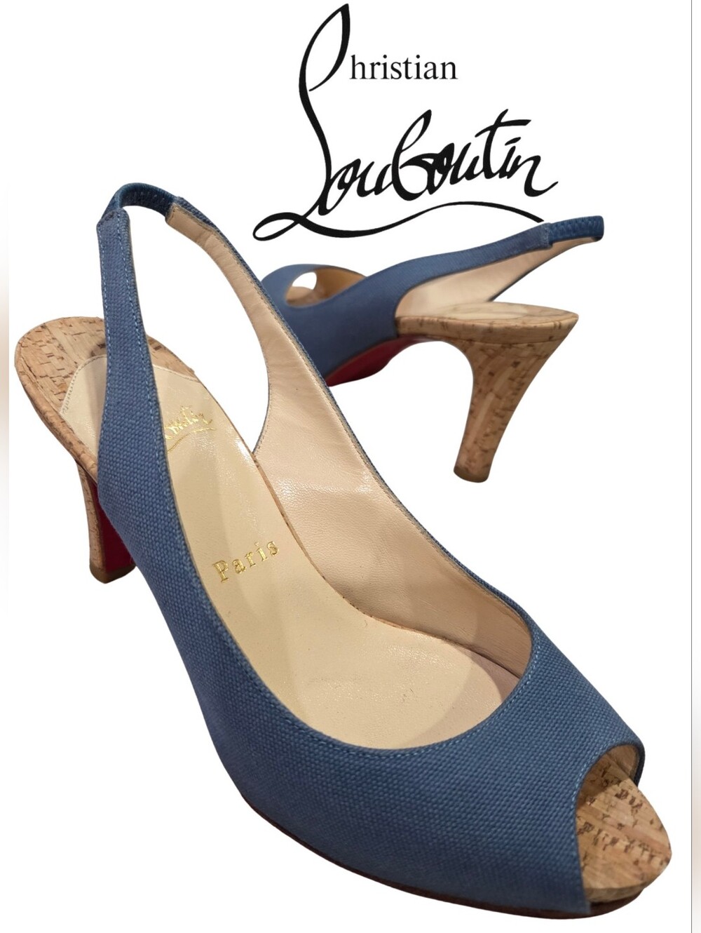 Christian Louboutin Blue Denim Canvas Slingback Peep-Toe Cork Platform Heels 36